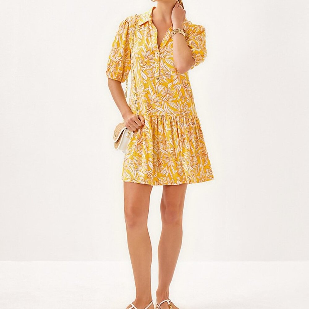 Lilly Pulitzer Bingley Dress Honeycomb Hideaway Yellow Floral Shirt Dress Small - Picture 4 of 10
